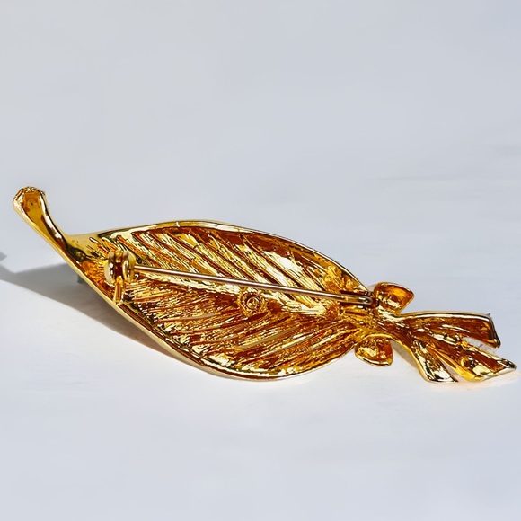 Vintage Gold Tone AB Rhinestone Leaf With Bow Brooch Pin - Picture 3 of 4